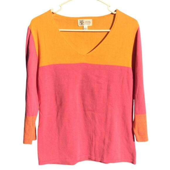 Cotton Country Womens Sweater Size Medium Pink Orange Colorblock Preppy Classic - Picture 1 of 8